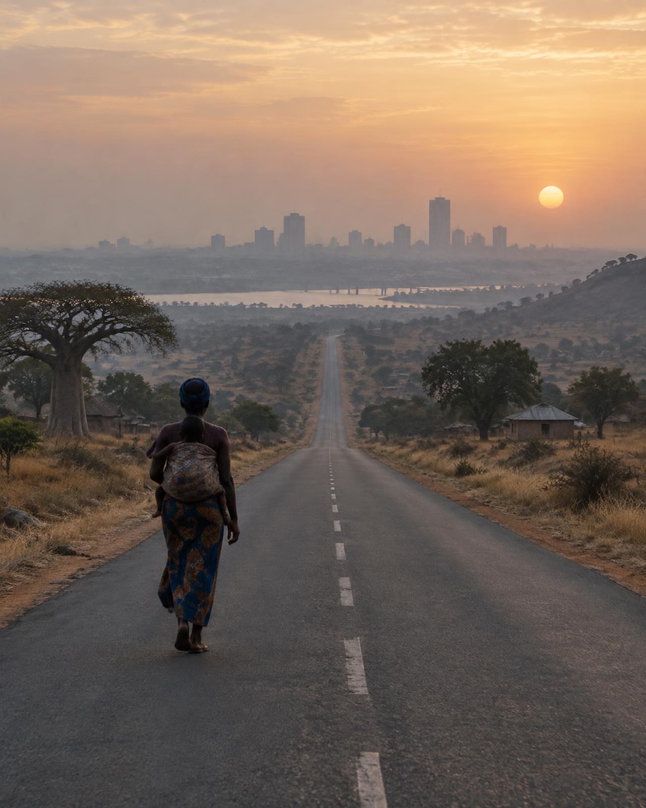 A person walking a long rural road at dawn toward a distant city on the horizon