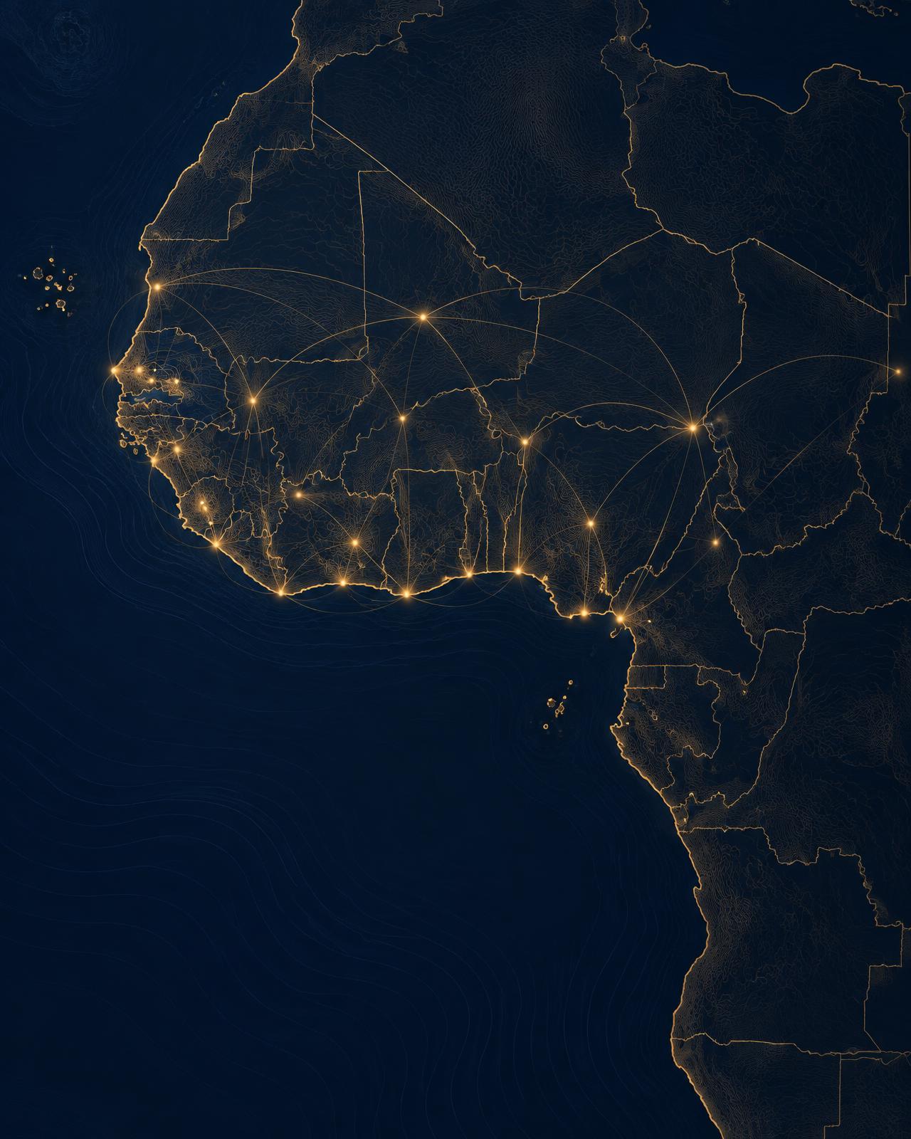 Map of West Africa with connected points of light across the region, suggesting shared clinical capacity